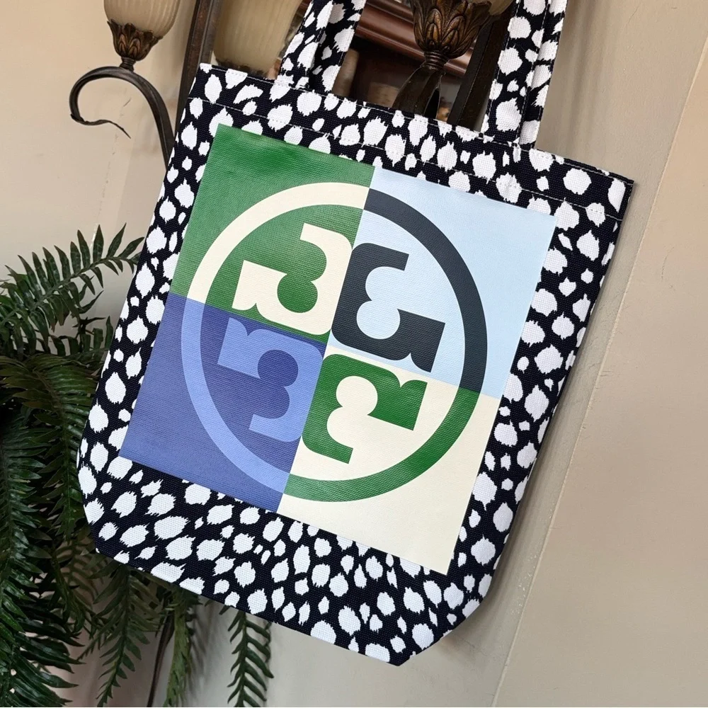 Brand New Tory Burch Ella Logo Navy Snow Leopard Canvas Tote Bag Office Laptop